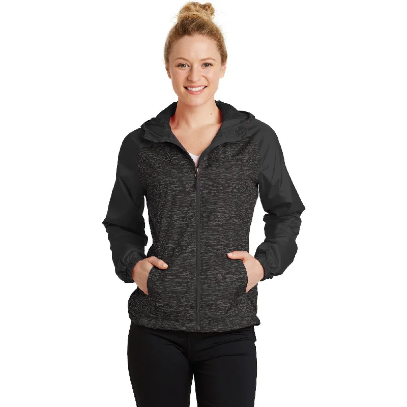 Women's long - length wool blend jackets for a warm and stylish winter lookCLOSEOUT - Sport-Tek Ladies Heather Colorblock Raglan Hooded Wind Jacket Women's long - length wool blend jackets for a warm and stylish winter lookCLOSEOUT - Sport-Tek Ladies Heather Colorblock Raglan Hooded Wind Jacket