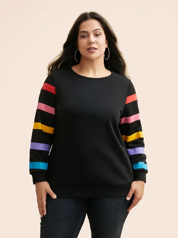 Women's cropped sweatshirt with a slogan graphic for a fun and expressive lookColored Striped Patchwork Slightly Stretchy Sweatshirt Women's cropped sweatshirt with a slogan graphic for a fun and expressive lookColored Striped Patchwork Slightly Stretchy Sweatshirt