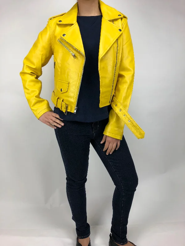 Women's waterproof rain jackets in bright yellow for high - visibility outdoor activitiesWomen's Classic Biker Yellow [ SLIM FIT ]