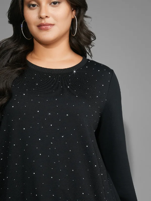 Women's pullover hoodie with a side slit for a modern and relaxed fitCrew Neck Rhinestone Slightly Stretchy Sweatshirt Women's pullover hoodie with a side slit for a modern and relaxed fitCrew Neck Rhinestone Slightly Stretchy Sweatshirt