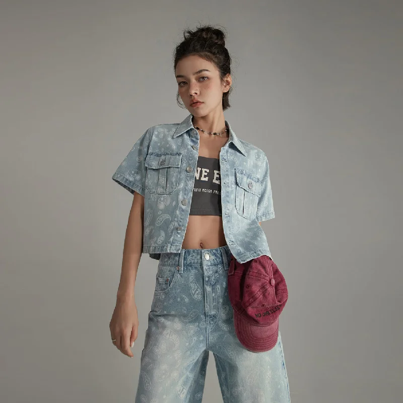 Women's cropped satin jackets in pastel shades for a glamorous evening outLogo Paisley Pocket Denim Semi Cropped Shirt Jacket
