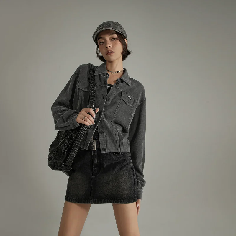 Women's denim jackets with a patchwork design for a bohemian and artsy styleCharcoal Cropped Shacket Women's denim jackets with a patchwork design for a bohemian and artsy styleCharcoal Cropped Shacket
