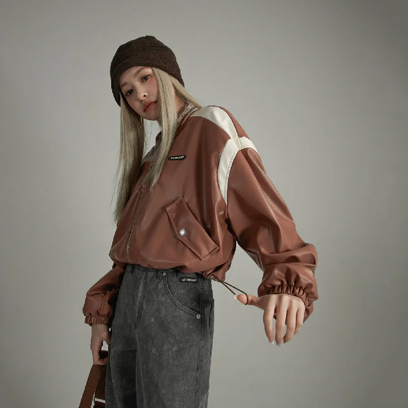 Women's denim jackets with a patchwork design for a bohemian and artsy styleLine Color Combination Leather Jacket Women's denim jackets with a patchwork design for a bohemian and artsy styleLine Color Combination Leather Jacket