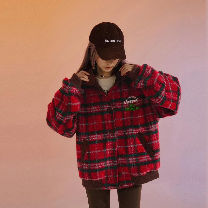 Women's faux fur - trimmed denim jackets for a trendy and cozy styleVintage Check Loose Fit Jacket Women's faux fur - trimmed denim jackets for a trendy and cozy styleVintage Check Loose Fit Jacket