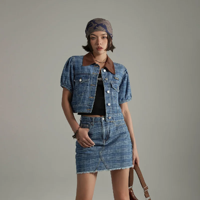 Women's cropped down jackets in bold colors for a sporty and fashionable winter outfitVintage Check Puffy Short Sleeve Denim Jacket Women's cropped down jackets in bold colors for a sporty and fashionable winter outfitVintage Check Puffy Short Sleeve Denim Jacket