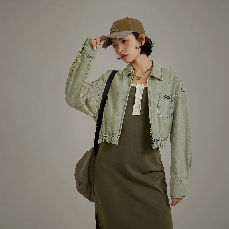 Women's bomber jackets with a holographic finish for a futuristic and eye - catching lookFaded Color Denim Zip-Up Jacket Women's bomber jackets with a holographic finish for a futuristic and eye - catching lookFaded Color Denim Zip-Up Jacket