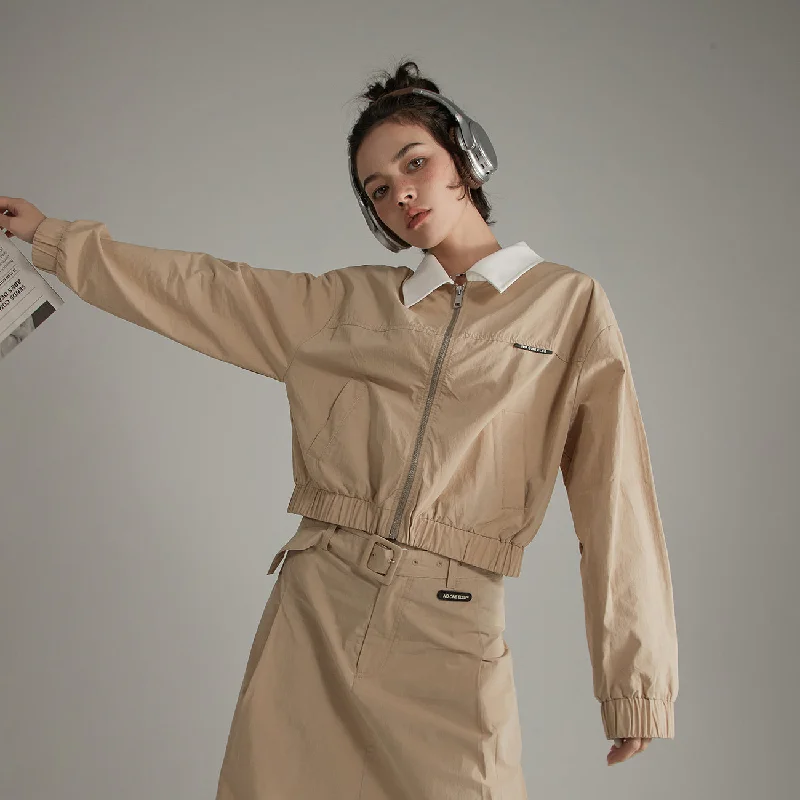 Women's cropped down jackets in bold colors for a sporty and fashionable winter outfitColor Matching Collar Zip-Up Jacket Women's cropped down jackets in bold colors for a sporty and fashionable winter outfitColor Matching Collar Zip-Up Jacket