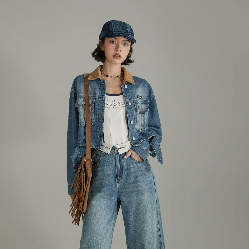 Women's cropped leather jackets with a fringe detail for a western - inspired outfitColor Collar Stitching Retro Denim Jacket Women's cropped leather jackets with a fringe detail for a western - inspired outfitColor Collar Stitching Retro Denim Jacket