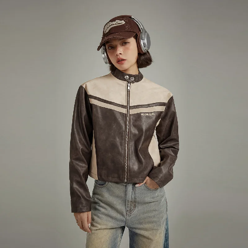 Women's military - style jackets with epaulets for a tough and fashionable appearanceColor Combination Leather Jacket Women's military - style jackets with epaulets for a tough and fashionable appearanceColor Combination Leather Jacket
