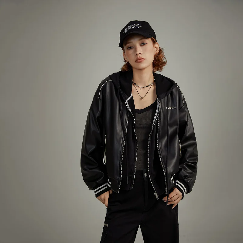 Women's denim jackets with distressed details for a casual and edgy lookVarsity Leather Zip-Up Jacket Women's denim jackets with distressed details for a casual and edgy lookVarsity Leather Zip-Up Jacket