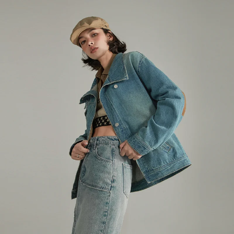 Women's shearling - lined suede jackets for ultimate warmth and luxuryAsymmetrical High Neck Denim Jacket Women's shearling - lined suede jackets for ultimate warmth and luxuryAsymmetrical High Neck Denim Jacket
