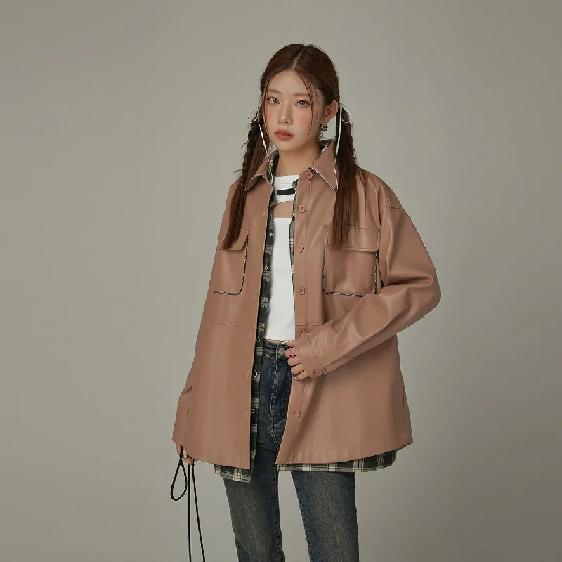 Women's trench coats with a removable belt for customizable stylingPocket Leather Shacket Women's trench coats with a removable belt for customizable stylingPocket Leather Shacket