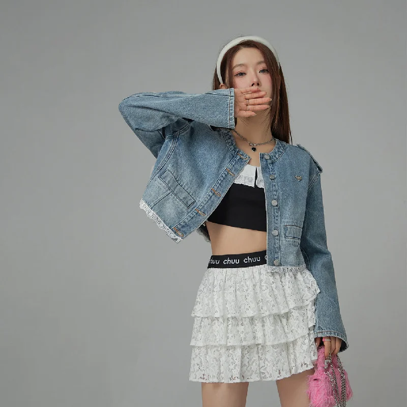 Women's military - style jackets with epaulets for a tough and fashionable appearanceLace Detail Cropped Denim Jacket Women's military - style jackets with epaulets for a tough and fashionable appearanceLace Detail Cropped Denim Jacket