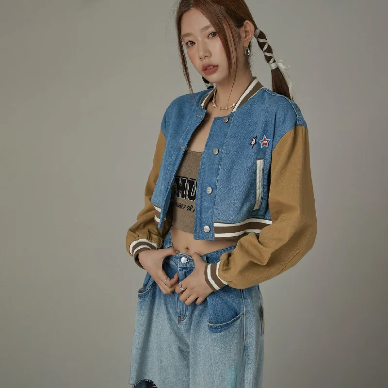 Women's denim jackets with distressed details for a casual and edgy lookColor Matching Varsity Cropped Jacket Women's denim jackets with distressed details for a casual and edgy lookColor Matching Varsity Cropped Jacket