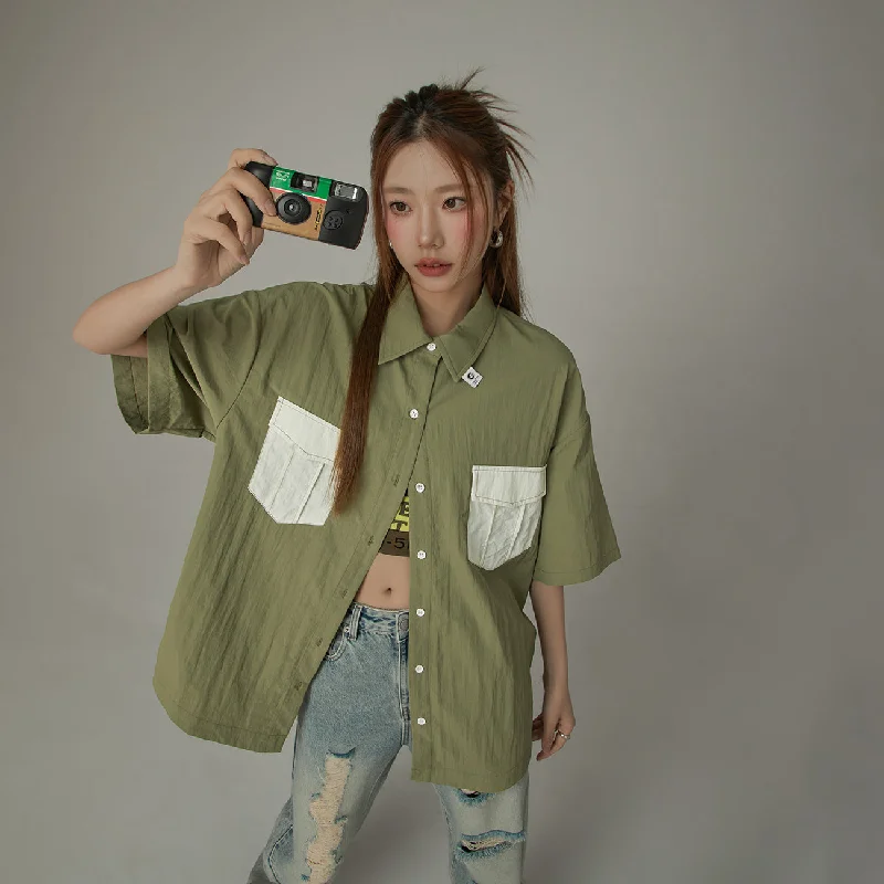Women's moto jackets with a lace - up front for a unique and stylish touchMulti-Pocket Short Sleeve Shirt Jacket Women's moto jackets with a lace - up front for a unique and stylish touchMulti-Pocket Short Sleeve Shirt Jacket