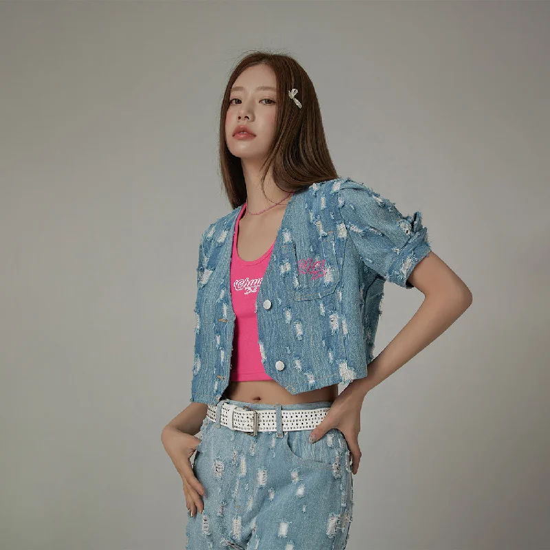 Women's cropped satin jackets in pastel shades for a glamorous evening outUltra Distressed V-Neck Denim Crop Jacket Women's cropped satin jackets in pastel shades for a glamorous evening outUltra Distressed V-Neck Denim Crop Jacket