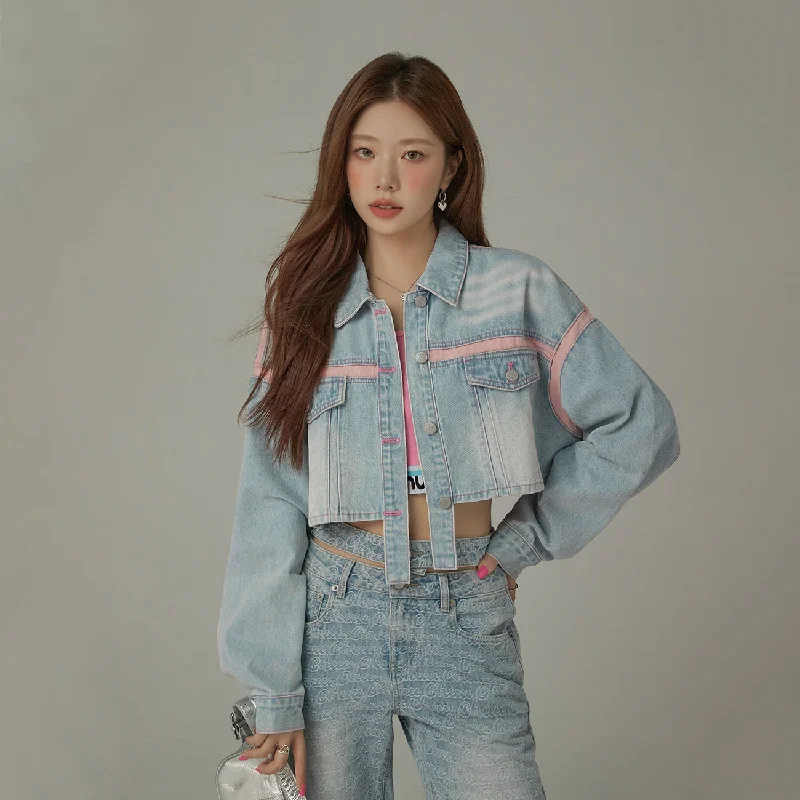 Women's bomber jackets with a holographic finish for a futuristic and eye - catching lookPop Of Color Cropped Denim Jacket Women's bomber jackets with a holographic finish for a futuristic and eye - catching lookPop Of Color Cropped Denim Jacket