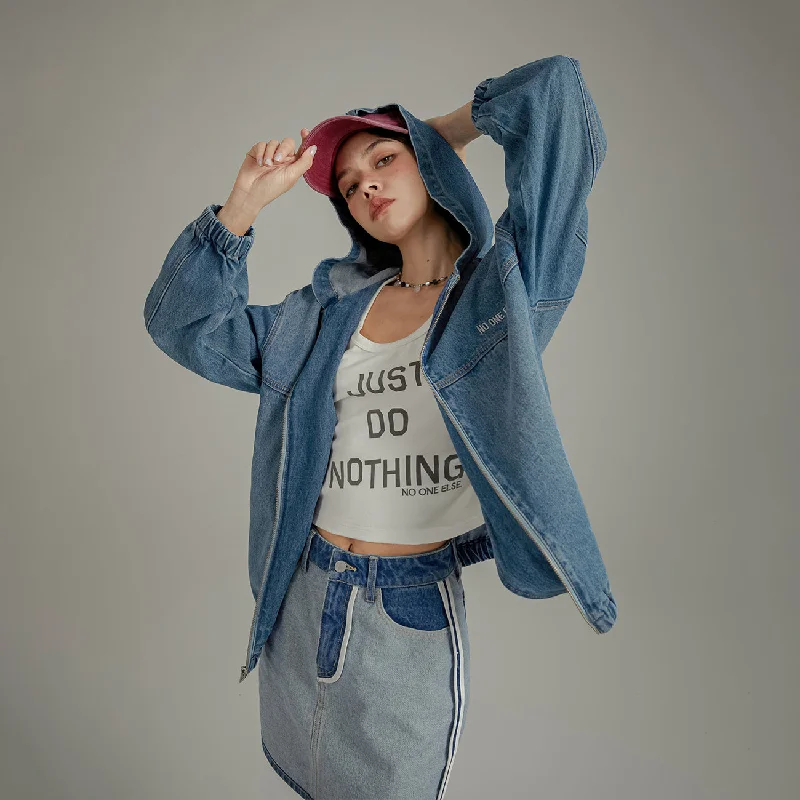 Women's bomber jackets with a holographic finish for a futuristic and eye - catching lookEmbroidered Letter Denim Hooded Jacket Women's bomber jackets with a holographic finish for a futuristic and eye - catching lookEmbroidered Letter Denim Hooded Jacket