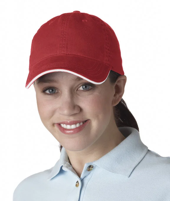 8104 UltraClub Classic Cut Chino Cotton Twill Unconstructed Sandwich Cap | Red/White