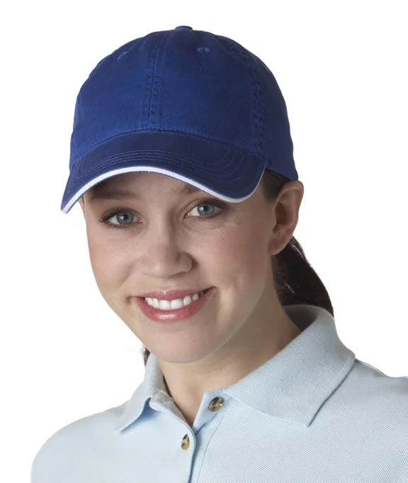 8104 UltraClub Classic Cut Chino Cotton Twill Unconstructed Sandwich Cap | Royal/White