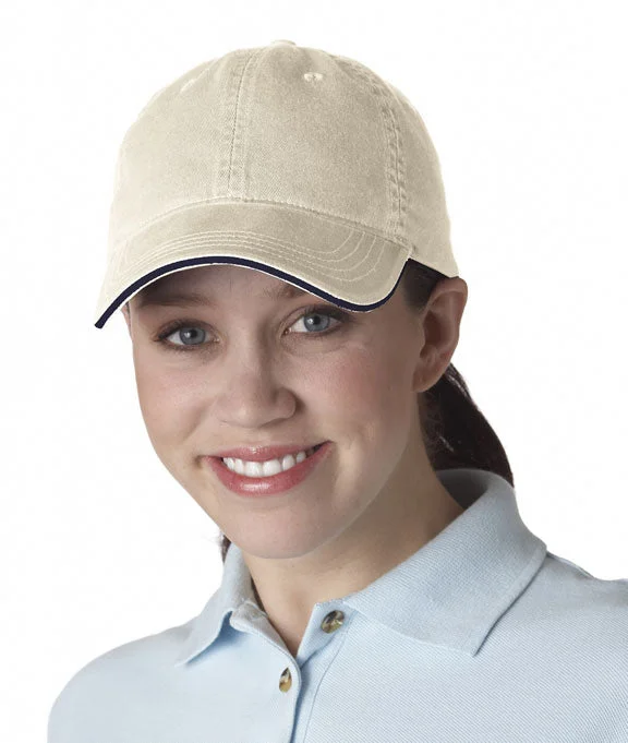 8104 UltraClub Classic Cut Chino Cotton Twill Unconstructed Sandwich Cap | Stone/Navy