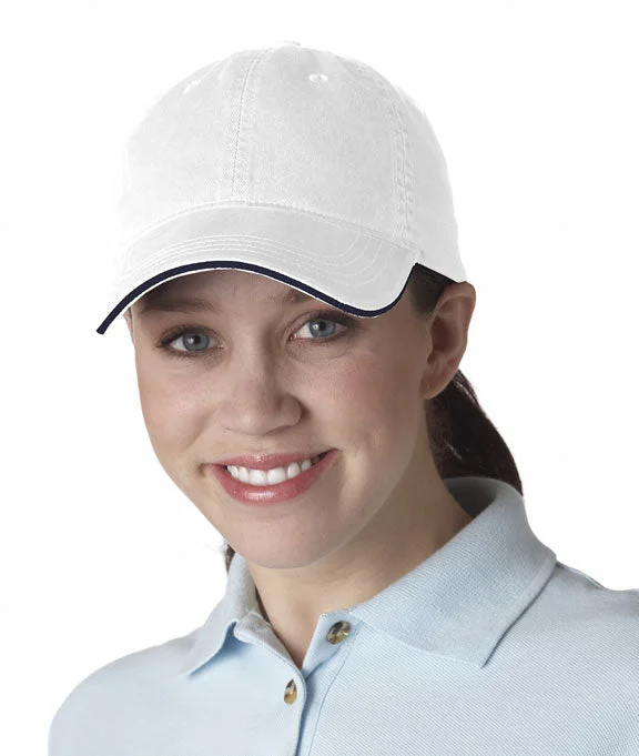 8104 UltraClub Classic Cut Chino Cotton Twill Unconstructed Sandwich Cap | White/Navy