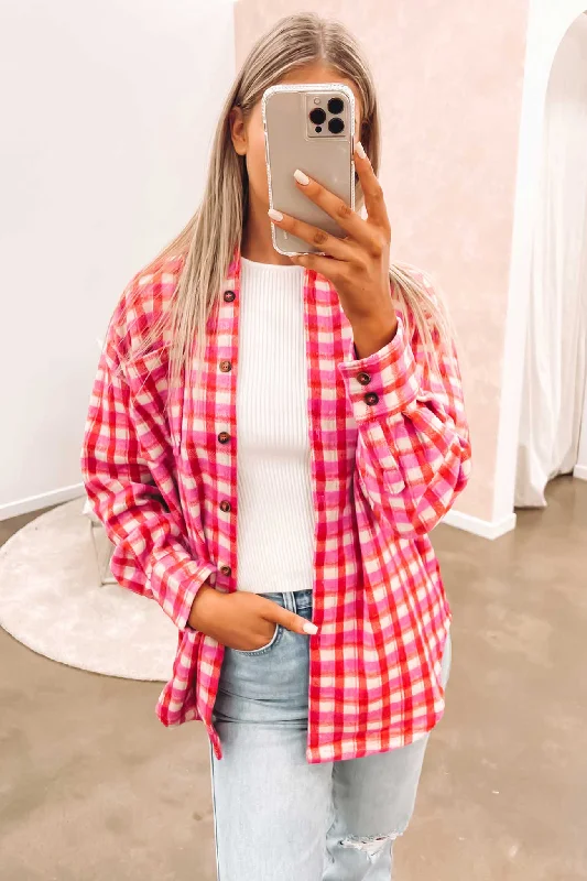Women's bomber jackets with a holographic finish for a futuristic and eye - catching lookIvy Shacket Pink Red Women's bomber jackets with a holographic finish for a futuristic and eye - catching lookIvy Shacket Pink Red
