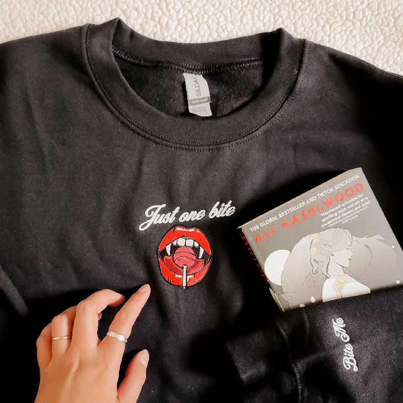 Women's sweatshirt with a mesh panel insert for breathability during workoutsJust One Bite for an Eternal Love Embroidered Sweatshirt Women's sweatshirt with a mesh panel insert for breathability during workoutsJust One Bite for an Eternal Love Embroidered Sweatshirt