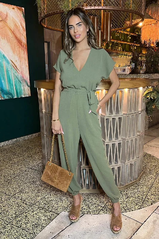 Velvet women jumpsuits for winter formal occasionsKhaki V-Neck Short Sleeve Belted Elasticated Cuff Jumpsuit Velvet women jumpsuits for winter formal occasionsKhaki V-Neck Short Sleeve Belted Elasticated Cuff Jumpsuit