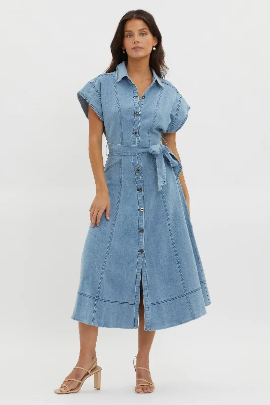 Sleeveless Women Dress in Bright Colors for Summer PartiesLaureen Short Sleeve Midi Dress Denim Blue Sleeveless Women Dress in Bright Colors for Summer PartiesLaureen Short Sleeve Midi Dress Denim Blue