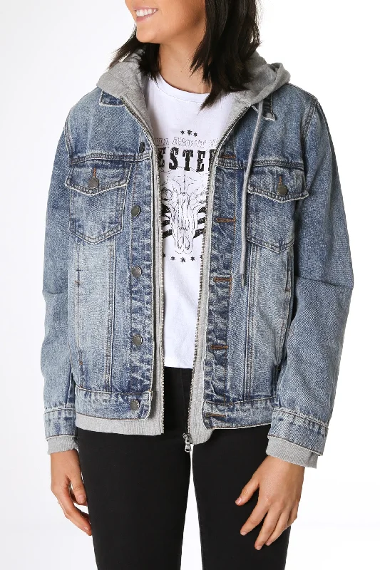 Women's cropped leather jackets with silver zippers for a punk - inspired outfitLayered Denim Jacket Grey Women's cropped leather jackets with silver zippers for a punk - inspired outfitLayered Denim Jacket Grey