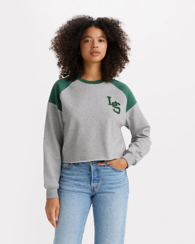Women's long - sleeve cropped sweatshirt with ribbed cuffs for a snug fitGraphic Campout Sweatshirt in Heather Grey