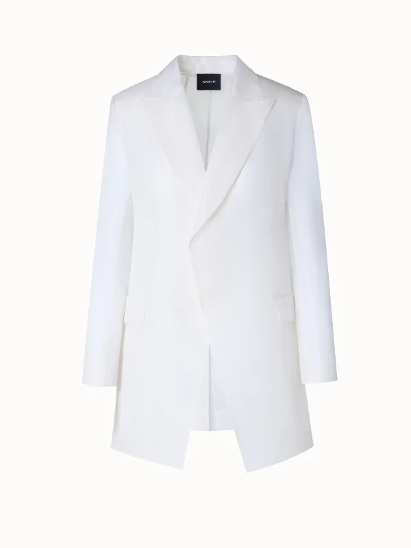 Women's cropped satin jackets in pastel shades for a glamorous evening outLong Tailored Silk Jacket with Semi-Sheer Sleeves Women's cropped satin jackets in pastel shades for a glamorous evening outLong Tailored Silk Jacket with Semi-Sheer Sleeves