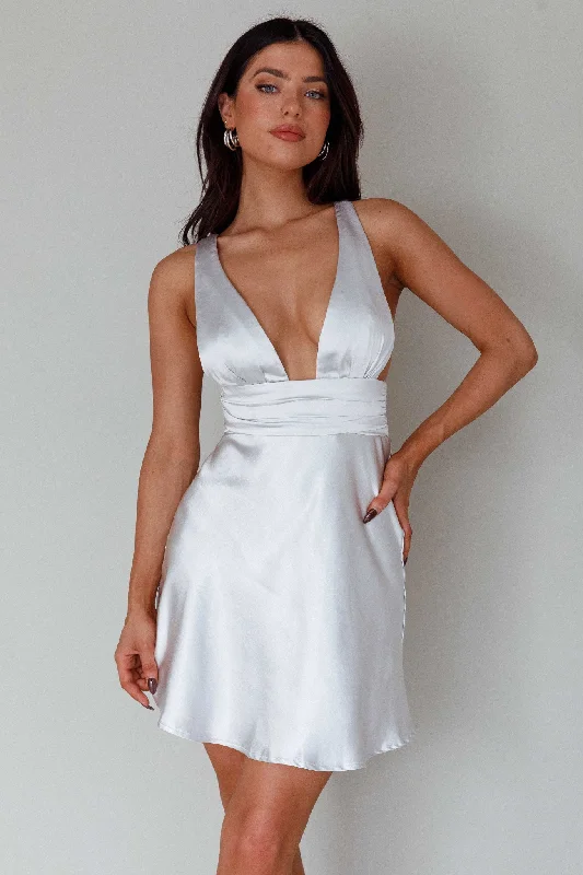 Mermaid - Style Women Dress with a Fitted Silhouette for Special OccasionsMad About You Criss-Cross Back Mini Dress Silver Mermaid - Style Women Dress with a Fitted Silhouette for Special OccasionsMad About You Criss-Cross Back Mini Dress Silver