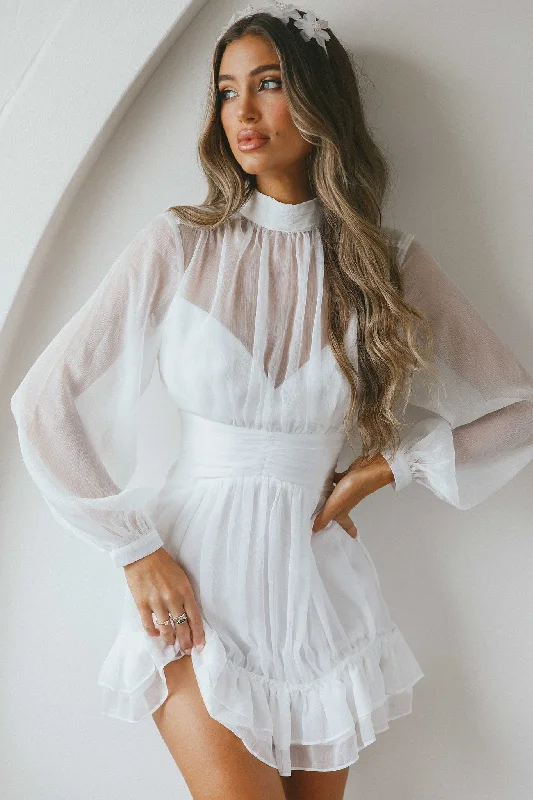 Pleated Women Dress with a Timeless and Elegant TextureMandalay High Neck Long Sleeve Waistband Dress White Pleated Women Dress with a Timeless and Elegant TextureMandalay High Neck Long Sleeve Waistband Dress White