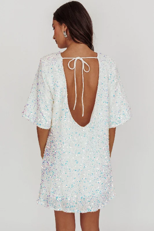 Printed Abstract Women Dress for a Modern and Artistic AppealMiramar Backless Sequin Dress White Printed Abstract Women Dress for a Modern and Artistic AppealMiramar Backless Sequin Dress White