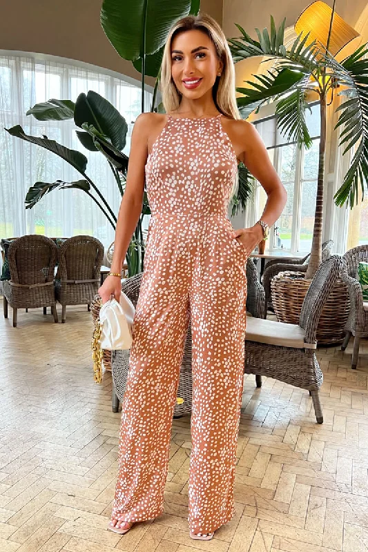 Women jumpsuits with a wrap - around design for a flattering fitMocha Polka Dot High Neck Jumpsuit Women jumpsuits with a wrap - around design for a flattering fitMocha Polka Dot High Neck Jumpsuit