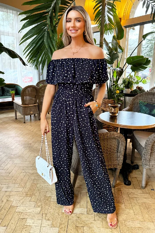Women jumpsuits with abstract prints for an artistic and unique outfitNavy Polka Dot Bardot Jumpsuit Women jumpsuits with abstract prints for an artistic and unique outfitNavy Polka Dot Bardot Jumpsuit