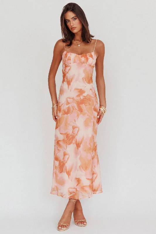 Printed Abstract Women Dress for a Modern and Artistic AppealNerida Low Back Twist Maxi Dress Orange