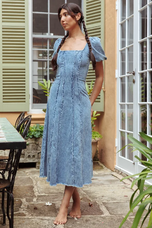 Empire Waist Women Dress to Accentuate the Bust and Conceal the WaistNorthern Sky Fringe Puff Sleeve Midi Dress Denim Blue Empire Waist Women Dress to Accentuate the Bust and Conceal the WaistNorthern Sky Fringe Puff Sleeve Midi Dress Denim Blue