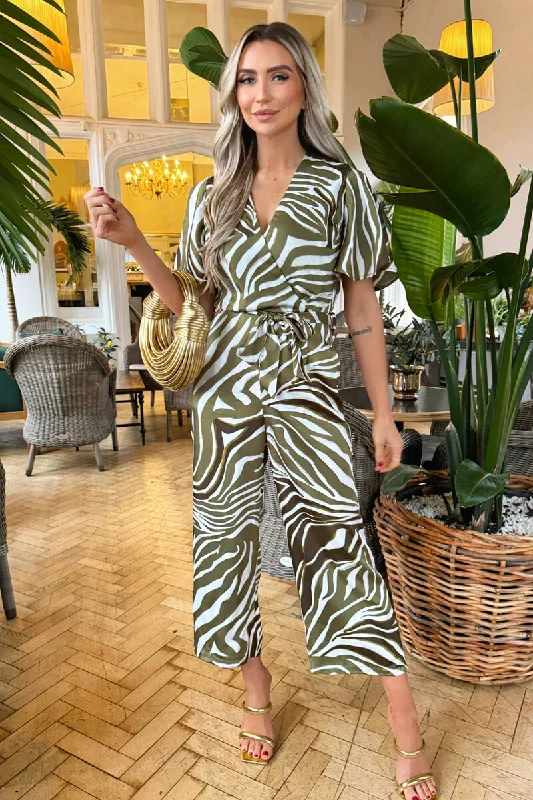 Women jumpsuits with high - low hems for a modern and fashion - forward styleOlive Print Wrap Top Tie Waist Jumpsuit Women jumpsuits with high - low hems for a modern and fashion - forward styleOlive Print Wrap Top Tie Waist Jumpsuit