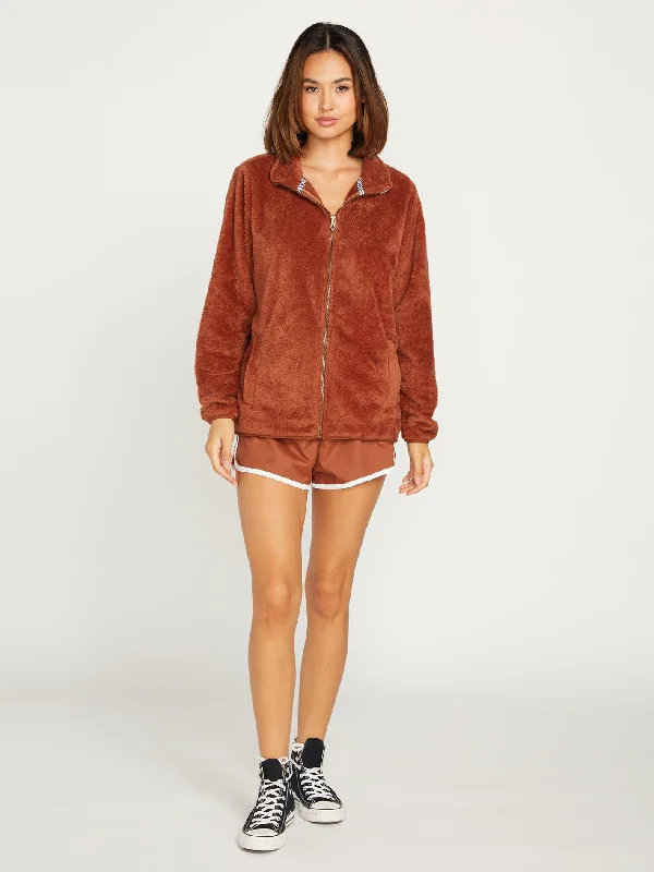 Women's moto jackets with a lace - up front for a unique and stylish touchPheelin Phuzzy Zip Jacket - Dark Clay Women's moto jackets with a lace - up front for a unique and stylish touchPheelin Phuzzy Zip Jacket - Dark Clay