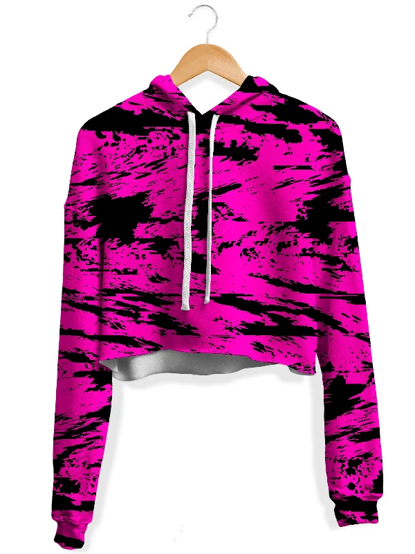 Women's color - block hoodie combining bold hues for a fashion - forward statementPink and Black Rave Glitch Splatter Fleece Crop Hoodie Women's color - block hoodie combining bold hues for a fashion - forward statementPink and Black Rave Glitch Splatter Fleece Crop Hoodie