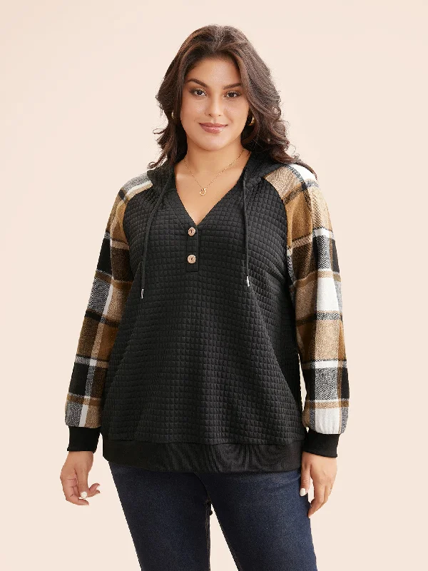 Women's zip - up sweatshirt in pastel blue for a soft and stylish outfitPlaid Patchwork Hooded Raglan Sleeve Sweatshirt