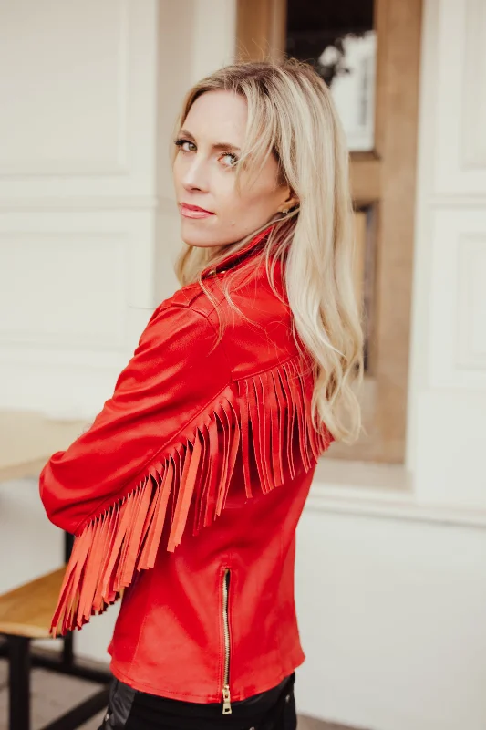 Women's cropped down jackets in bold colors for a sporty and fashionable winter outfitRed Nashville Stretch Leather Fringe Jacket Women's cropped down jackets in bold colors for a sporty and fashionable winter outfitRed Nashville Stretch Leather Fringe Jacket