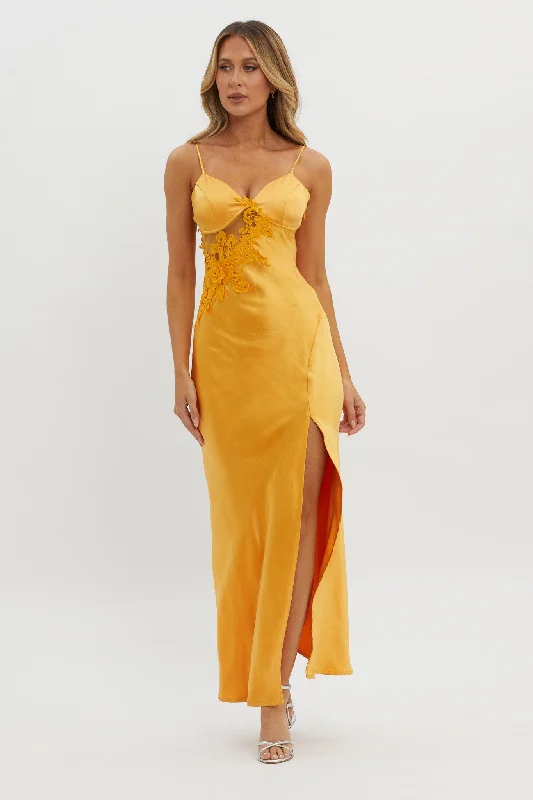 Off - the - Shoulder Women Dress for a Romantic and Feminine LookRoxana Applique Trim Split Maxi Dress Orange Off - the - Shoulder Women Dress for a Romantic and Feminine LookRoxana Applique Trim Split Maxi Dress Orange