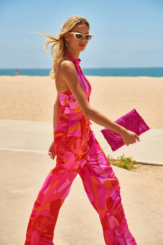 Linen women jumpsuits for a breathable and relaxed summer lookSangria Abstract After Hours Satin Backless Halter Jumpsuit