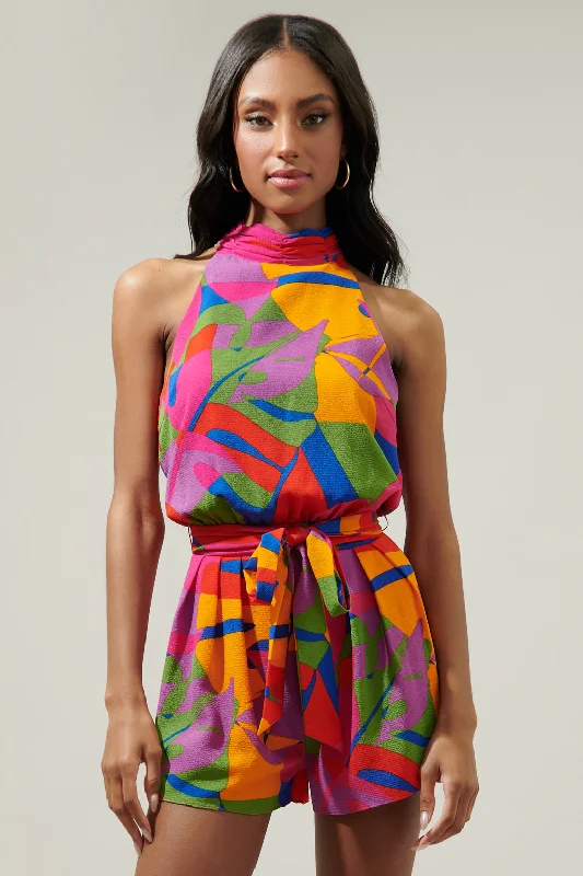 Women jumpsuits with pocket details for added functionality and convenienceSoleil Abstract Jenee Halter Tie Neck Romper Women jumpsuits with pocket details for added functionality and convenienceSoleil Abstract Jenee Halter Tie Neck Romper