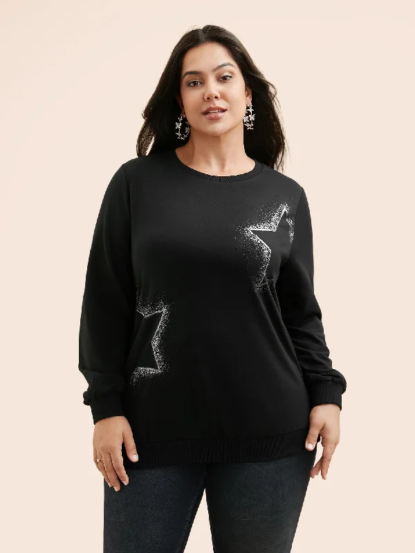 Women's fleece - lined hoodie with thumbholes for warmth in winterStar Rhinestone Slightly Stretchy Sweatshirt
