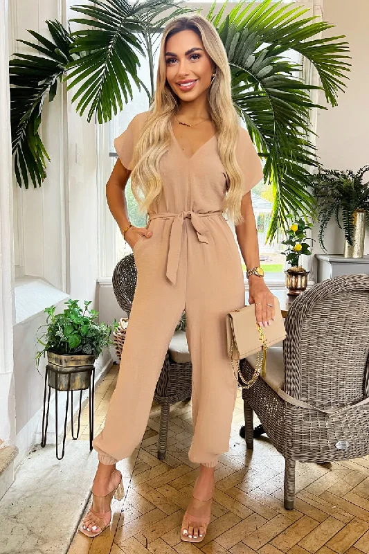 Women jumpsuits with a keyhole back for a unique detailStone V-Neck Short Sleeve Belted Elasticated Cuff Jumpsuit Women jumpsuits with a keyhole back for a unique detailStone V-Neck Short Sleeve Belted Elasticated Cuff Jumpsuit